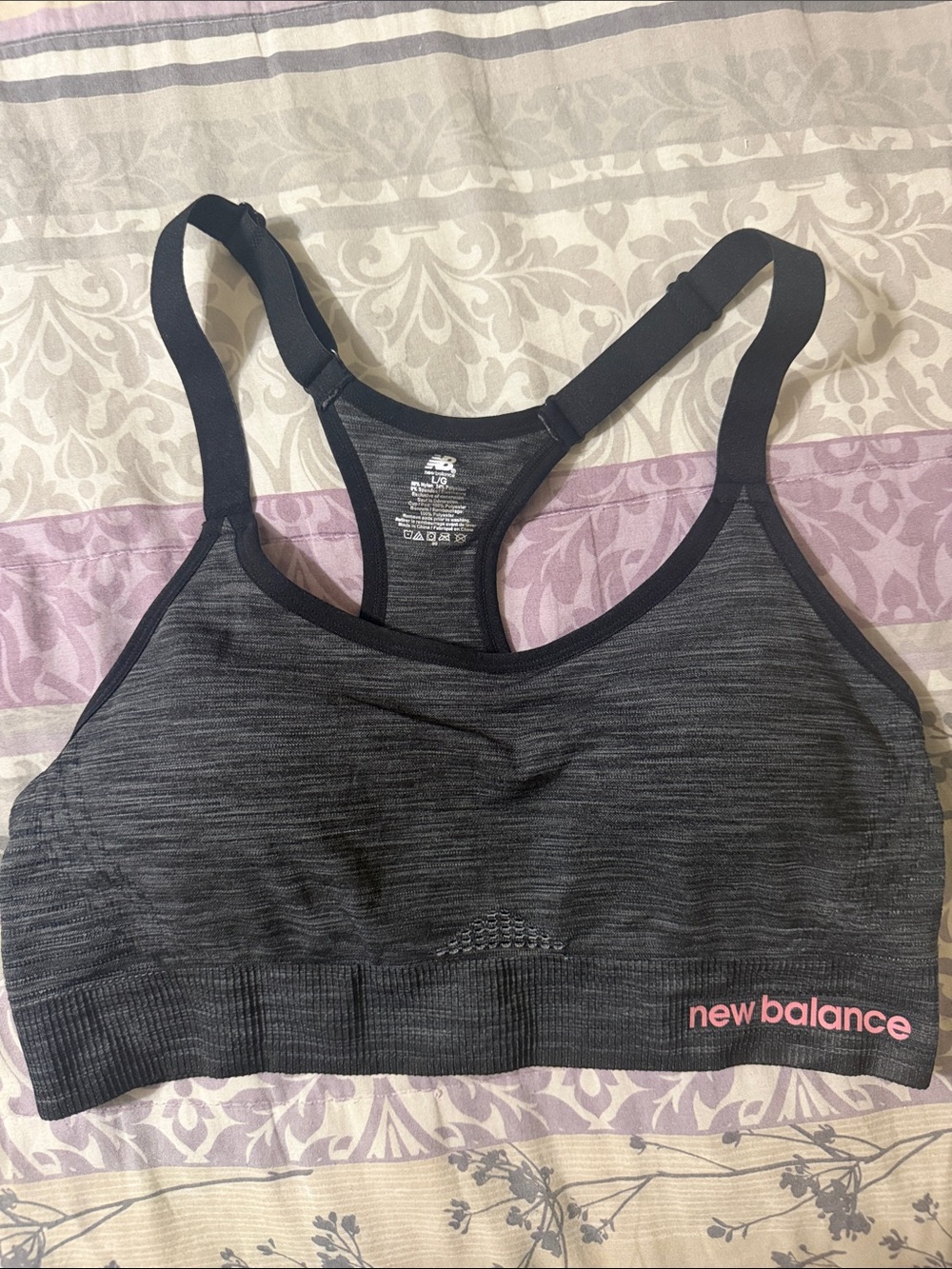 New Balance Charcoal Heather Racerback Sports Bra with Pink Logo